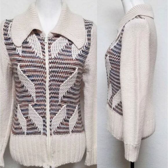VINTAGE 70s Wool Blend Zip-Up Striped Cardigan S - Picture 1 of 8